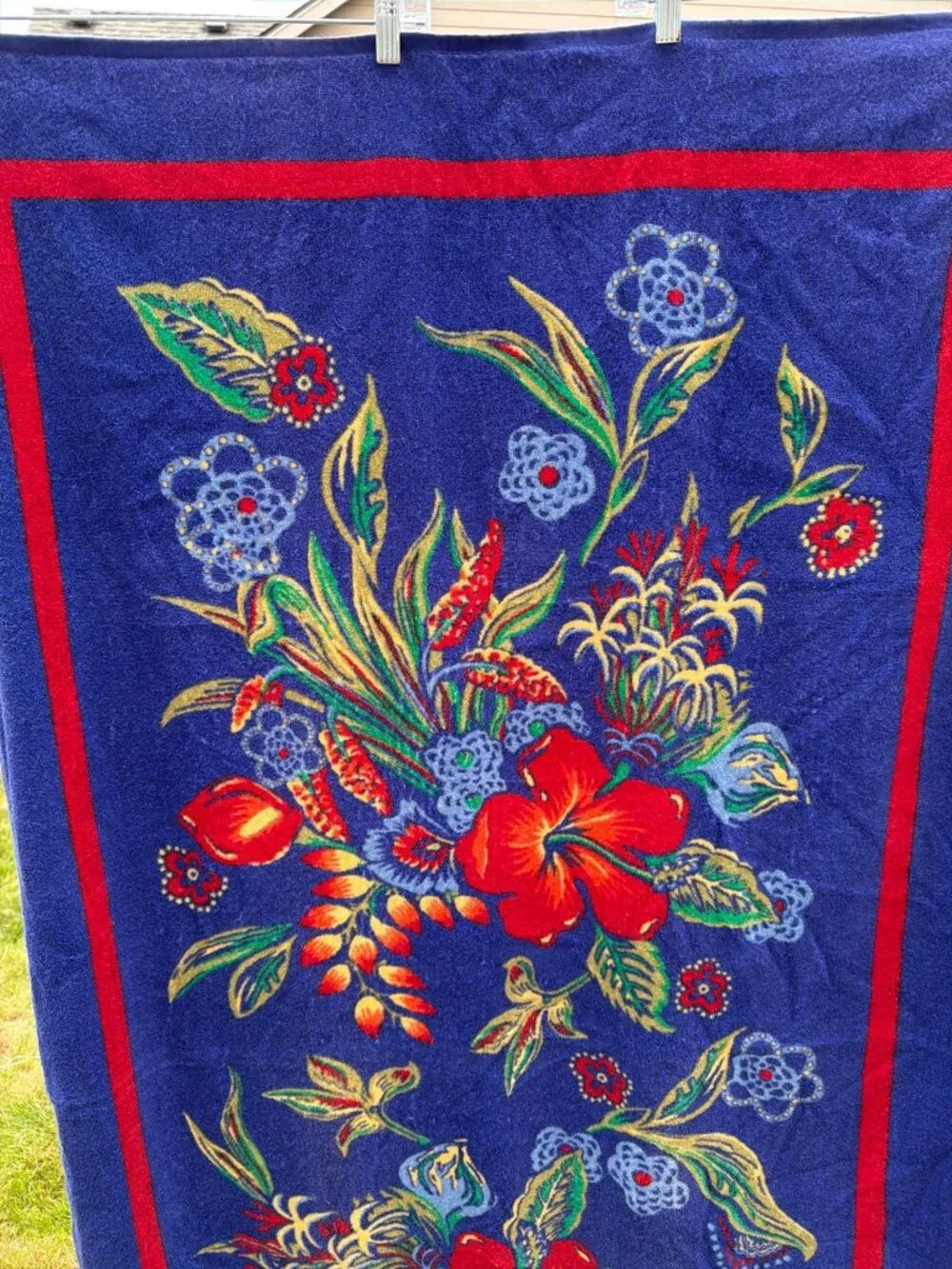 Vintage 90s Ralph Lauren Beach Towel Blue Red Hibiscus Floral RLL Logo Cotton La